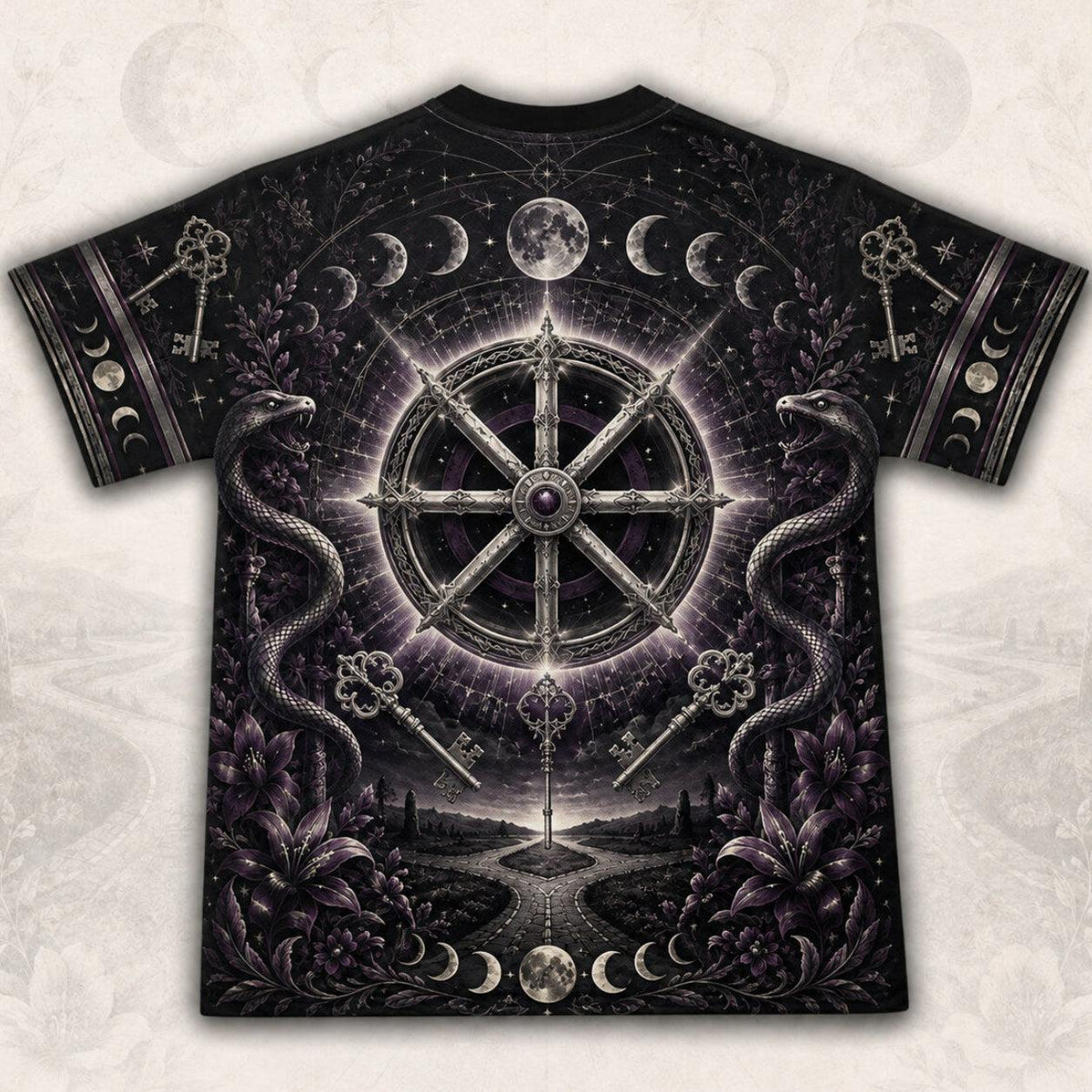 Wheel Of The Year T-Shirt Torch Moon Phases Sabbat Pagan Tee back view