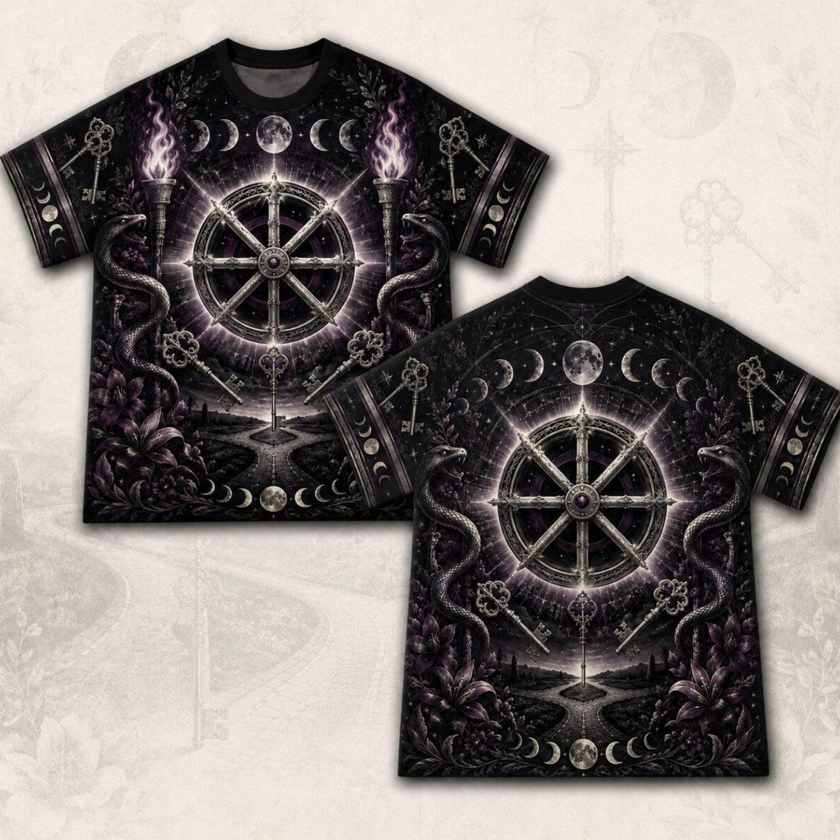 Wheel Of The Year T-Shirt Torch Moon Phases Sabbat Pagan Tee front and back together