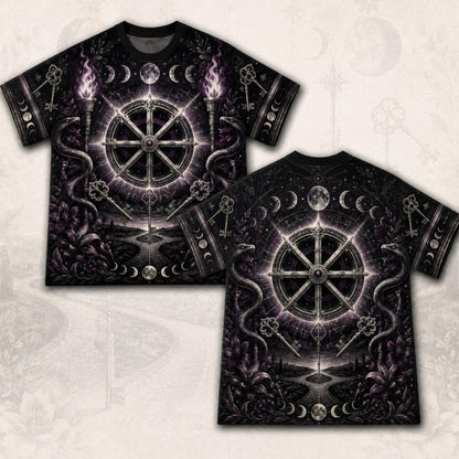 Wheel Of The Year T-Shirt Torch Moon Phases Sabbat Pagan Tee front and back together