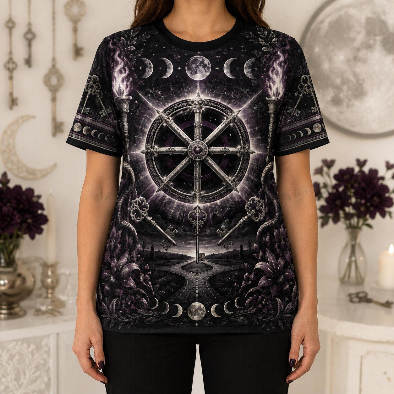 Wheel Of The Year T-Shirt Torch Moon Phases Sabbat Pagan Tee worn, front view
