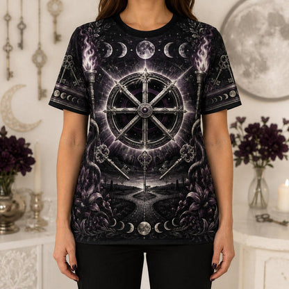 Wheel Of The Year T-Shirt Torch Moon Phases Sabbat Pagan Tee worn, front view