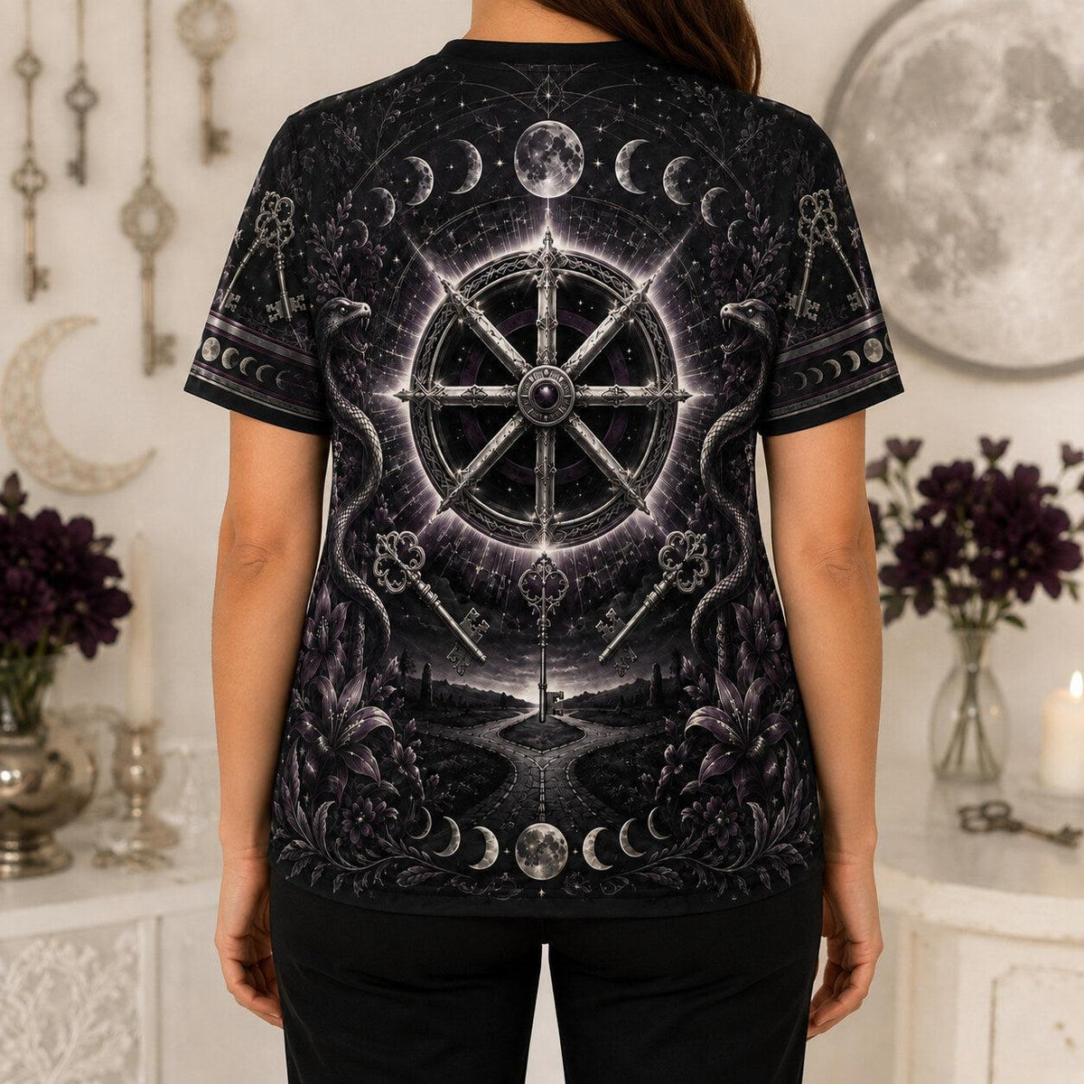 Wheel Of The Year T-Shirt Torch Moon Phases Sabbat Pagan Tee worn, back view