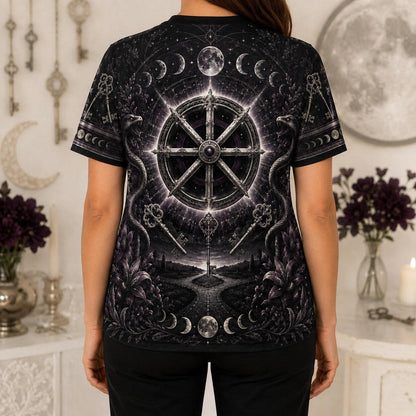 Wheel Of The Year T-Shirt Torch Moon Phases Sabbat Pagan Tee worn, back view