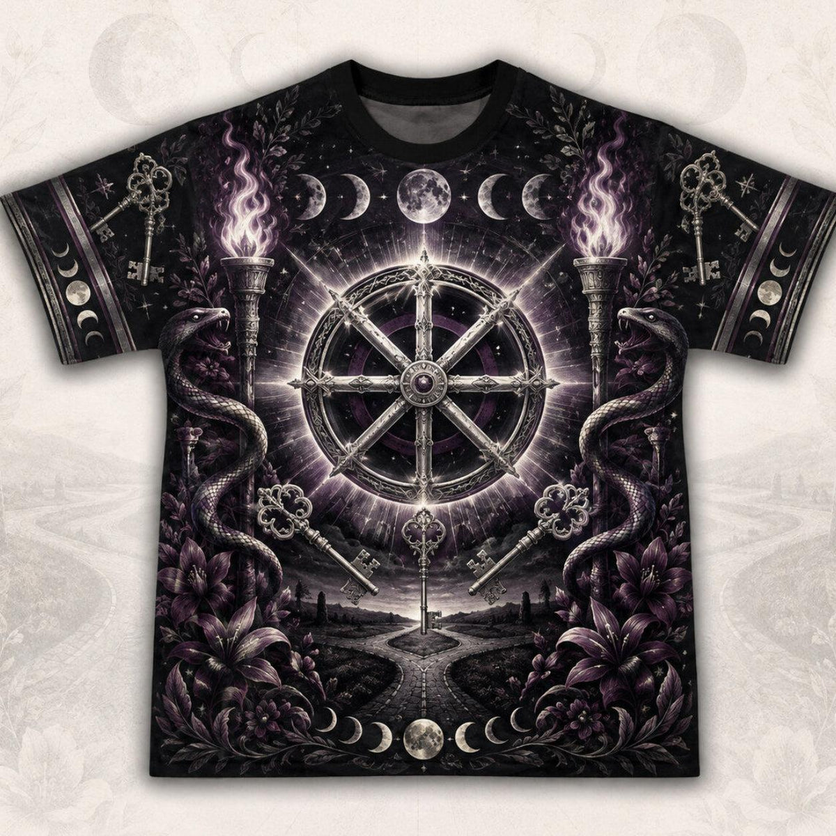 Wheel Of The Year T-Shirt Torch Moon Phases Sabbat Pagan Tee front view
