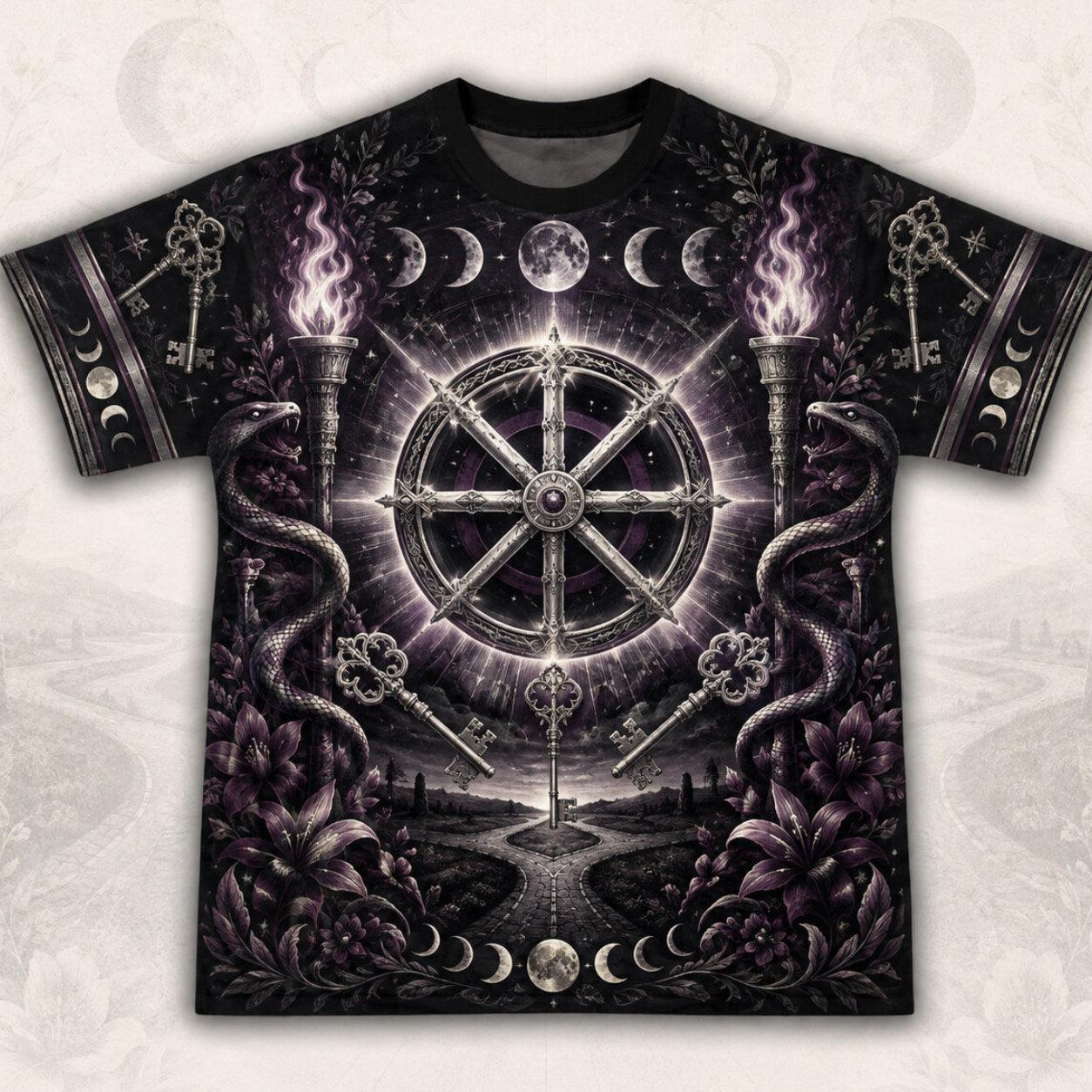 Wheel Of The Year T-Shirt Torch Moon Phases Sabbat Pagan Tee front view