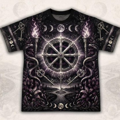 Wheel Of The Year T-Shirt Torch Moon Phases Sabbat Pagan Tee front view