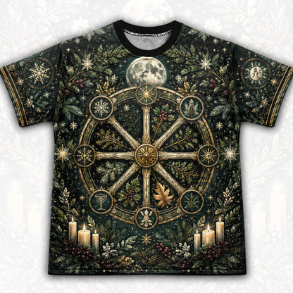 Yule Wheel Of The Year T-Shirt Evergreen Candle Sabbat Pagan Tee front view