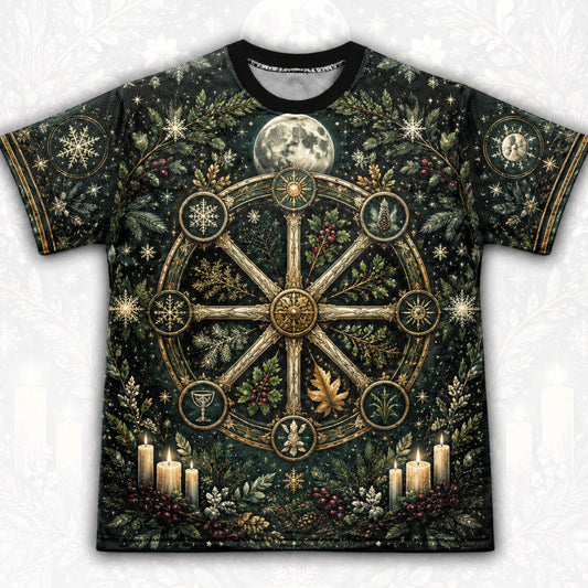 Yule Wheel Of The Year T-Shirt Evergreen Candle Sabbat Pagan Tee front view
