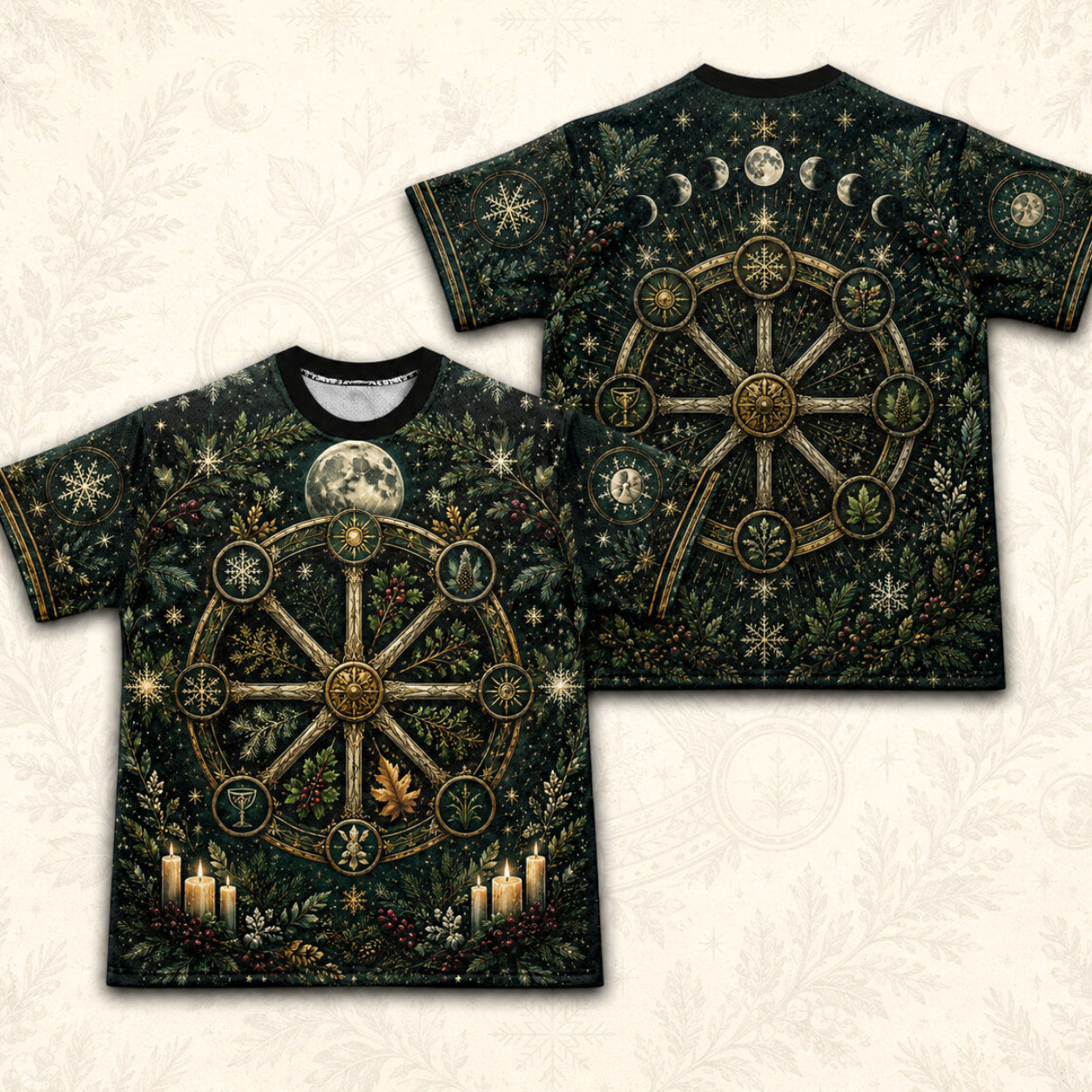 Yule Wheel Of The Year T-Shirt Evergreen Candle Sabbat Pagan Tee front and back together