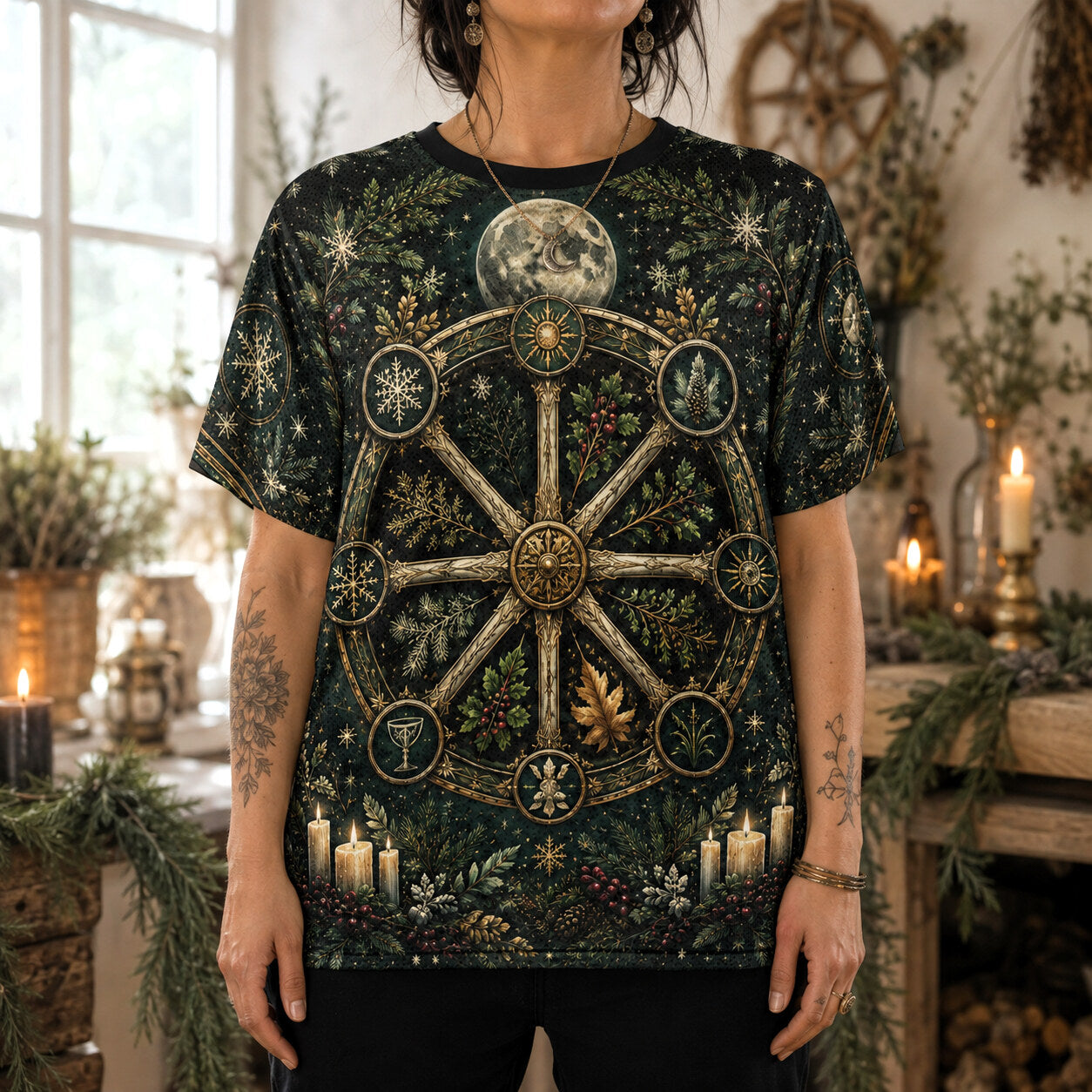 Yule Wheel Of The Year T-Shirt Evergreen Candle Sabbat Pagan Tee worn, front view