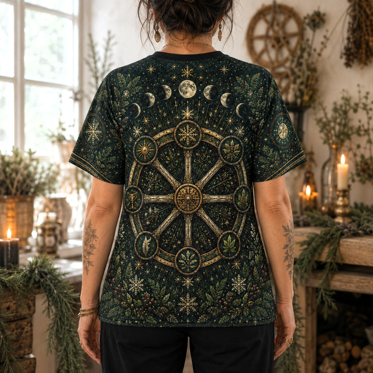 Yule Wheel Of The Year T-Shirt Evergreen Candle Sabbat Pagan Tee worn, back view
