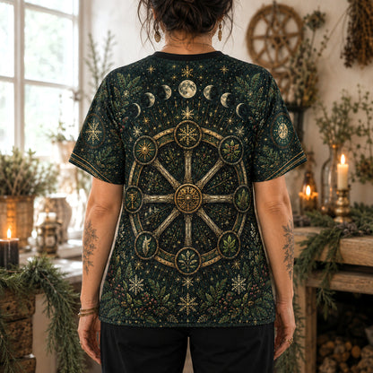 Yule Wheel Of The Year T-Shirt Evergreen Candle Sabbat Pagan Tee worn, back view