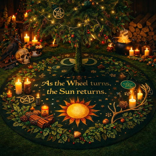 Dark green velvet Yule tree skirt with a glowing sun, pentacles, candles, and "As the Wheel turns, the Sun returns.