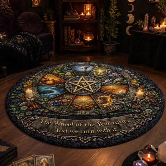 Wheel of Year Pagan Round Rug Pentagram Wiccan Carpet for Yule Home Decor_mockup_1.webp
