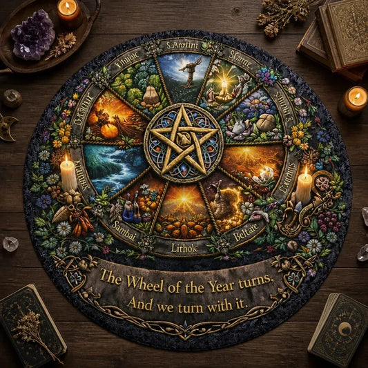 Wheel of Year Pagan Round Rug Pentagram Wiccan Carpet for Yule Home Decor_mockup_2.webp