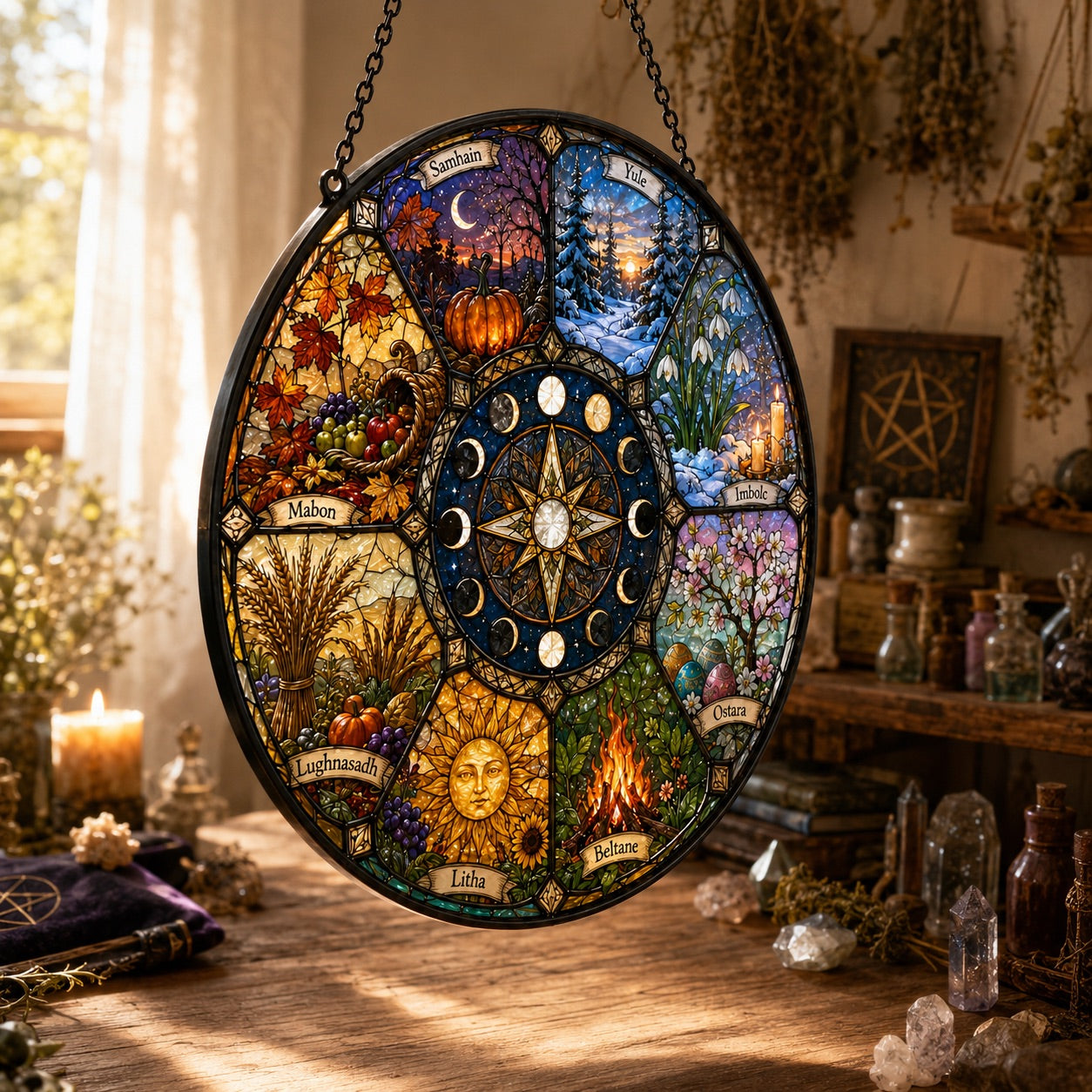 Wheel of the Year Glass Suncatcher - close up detail