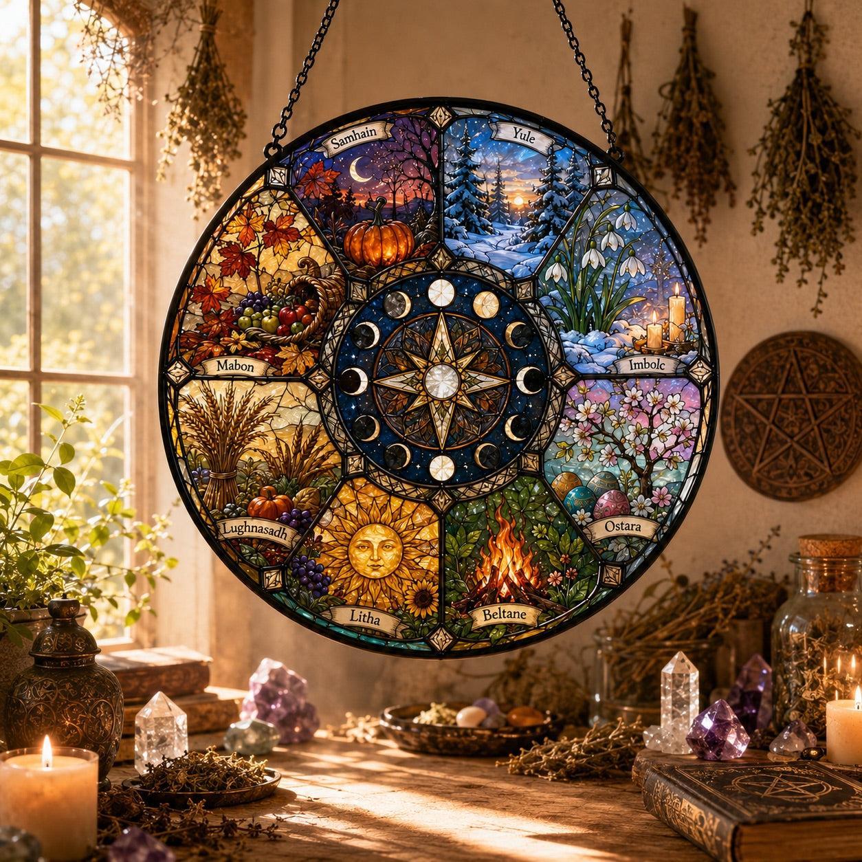 Wheel of the Year Glass Suncatcher - sunlight glow