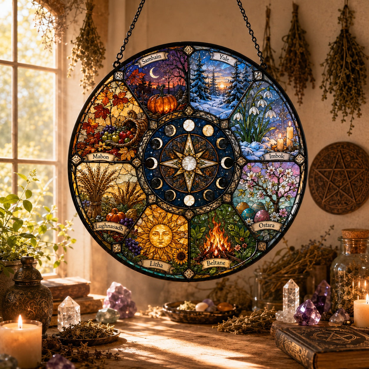 Wheel of the Year Glass Suncatcher - sunlight glow