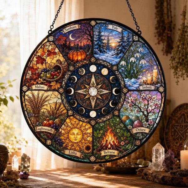 Wheel of the Year Glass Suncatcher – Eight Sabbat Wiccan Pagan Window Hanging