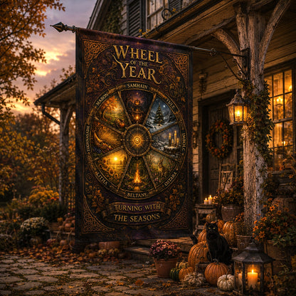 Close-up of Wheel of the Year house flag showing sabbats wheel artwork