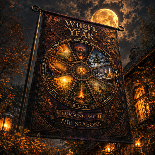 Wheel of the Year house flag mockup hanging outdoors as pagan decor