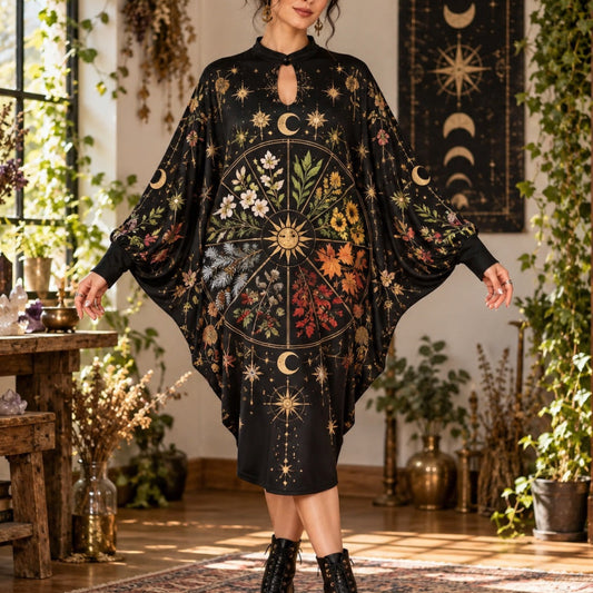 Wheel of the Year Pagan Batwing Dress – Witchy Botanical Sun Midi – worn, front view