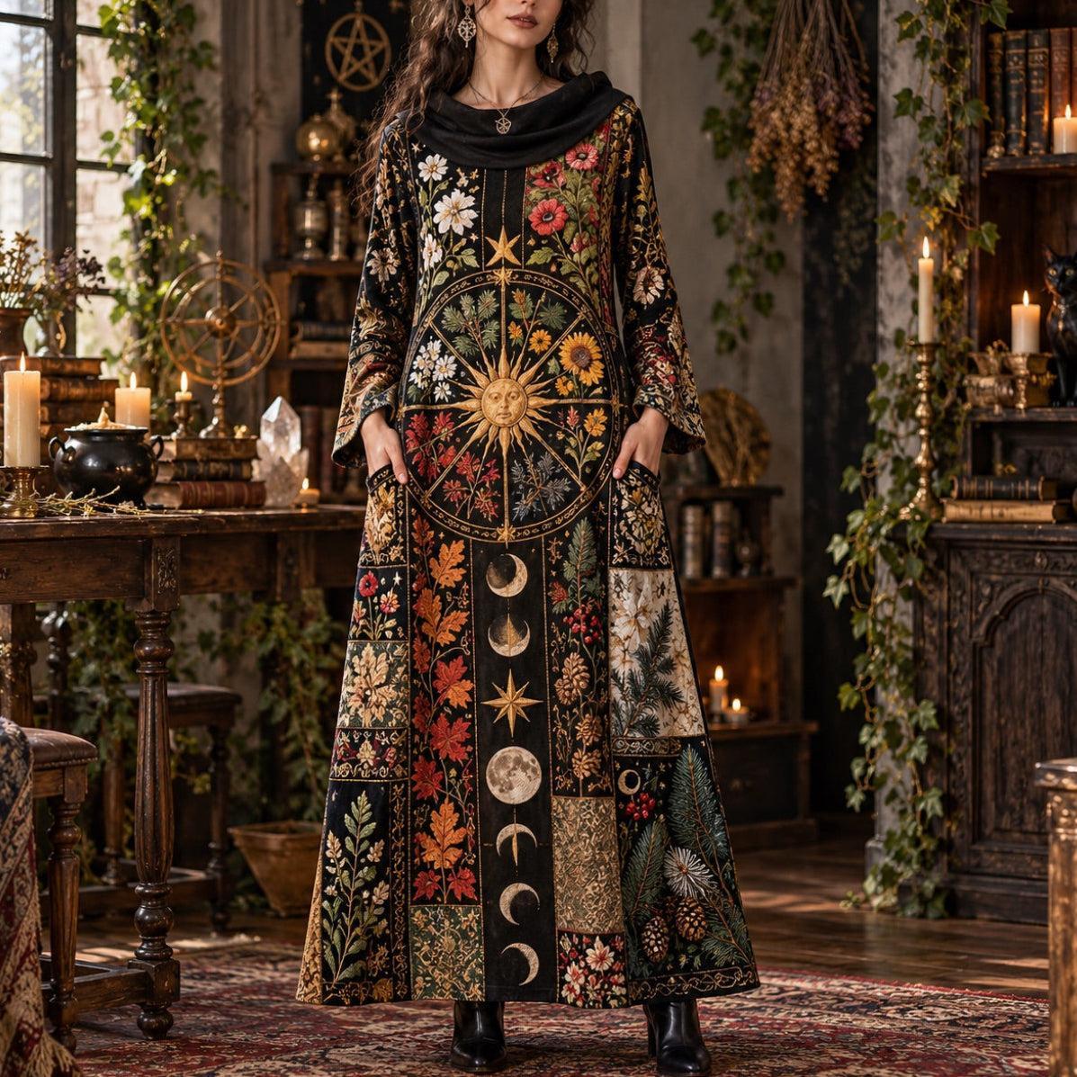 Wheel of the Year Pagan Cowl Neck Dress – Botanical Witchy Maxi – worn, front view