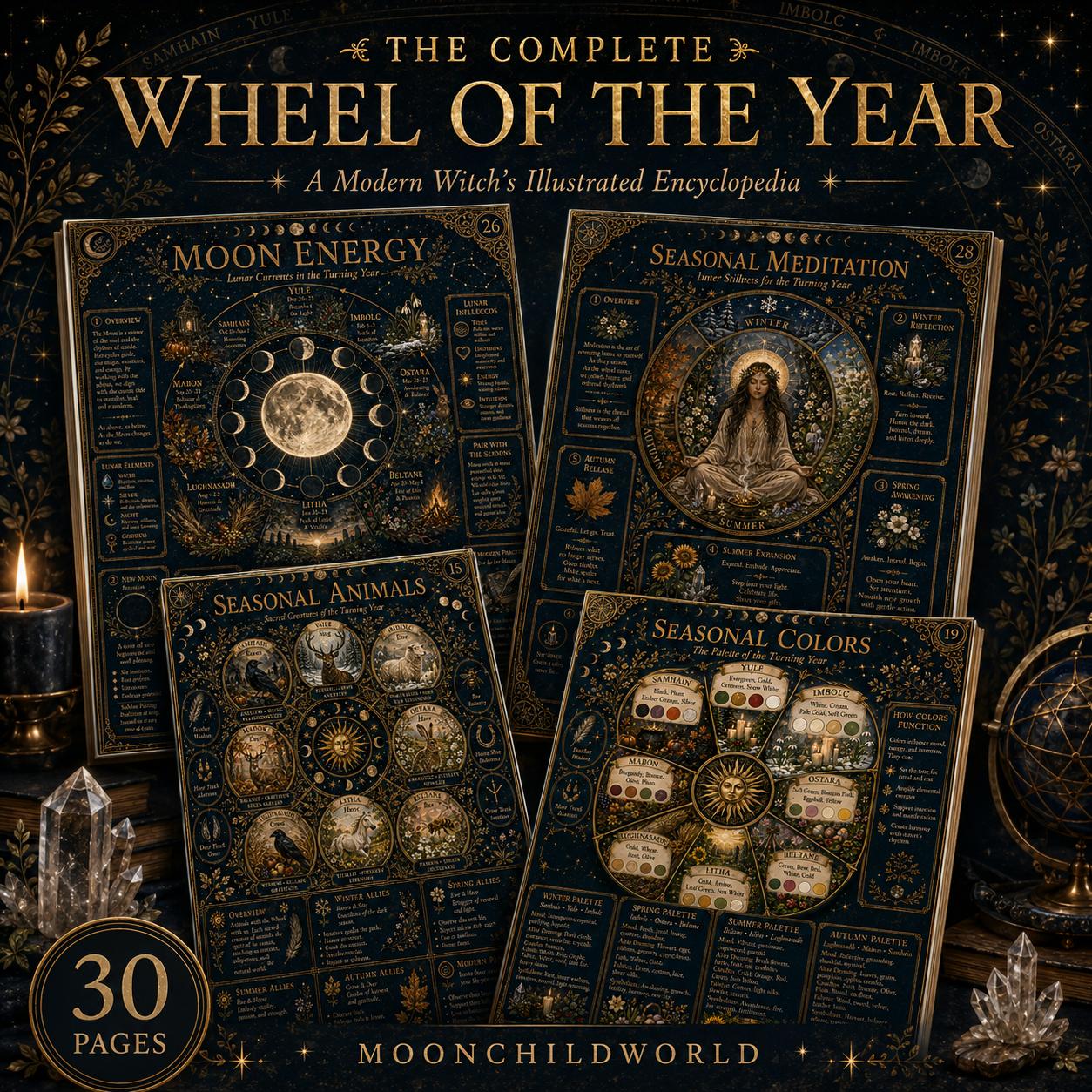 Illustrated Wheel of the Year grimoire pages featuring gold celestial designs, seasonal correspondences, and mystical art.