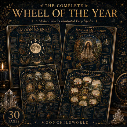 Illustrated Wheel of the Year grimoire pages featuring gold celestial designs, seasonal correspondences, and mystical art.