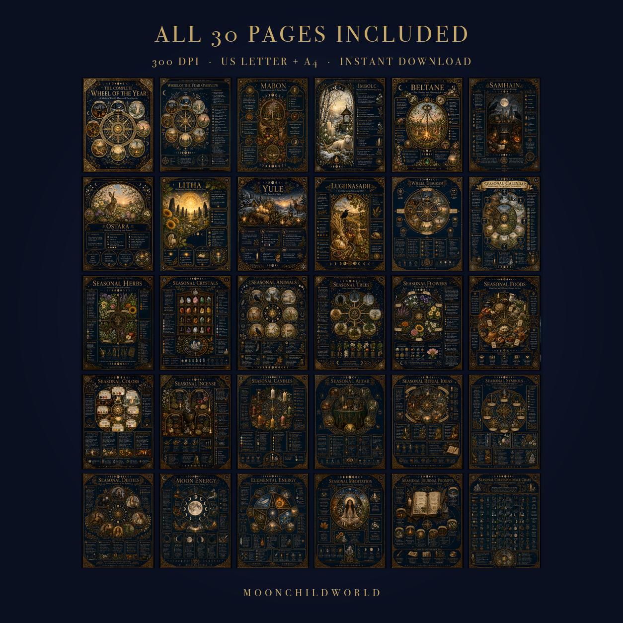 Thirty-page Wheel of the Year grimoire printable set with gold illustrations on dark blue backgrounds.