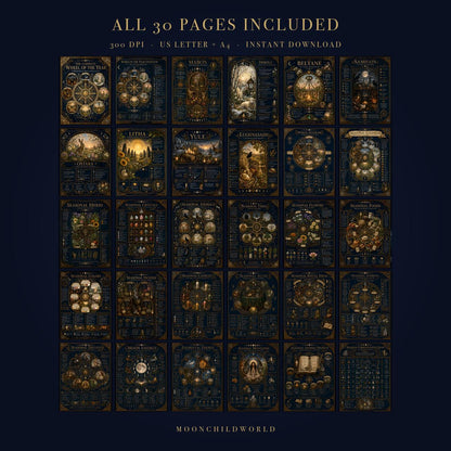 Thirty-page Wheel of the Year grimoire printable set with gold illustrations on dark blue backgrounds.