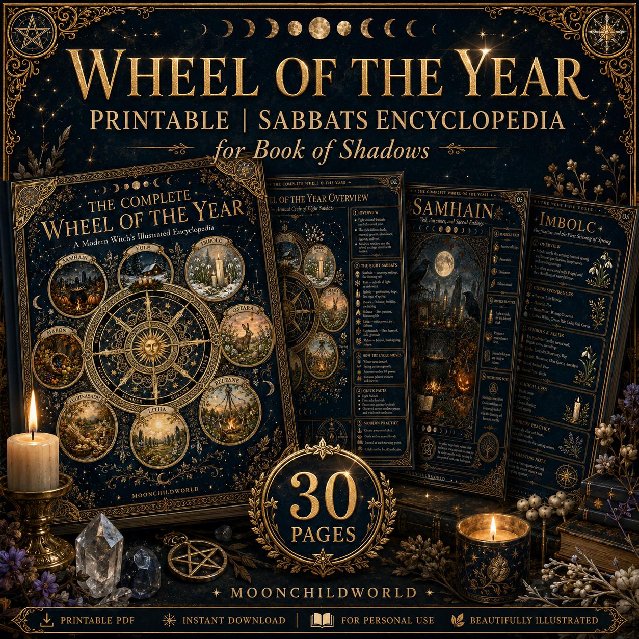 Illustrated Wheel of the Year grimoire pages with gold celestial designs, dark blue backgrounds, and seasonal sabbat symbols.