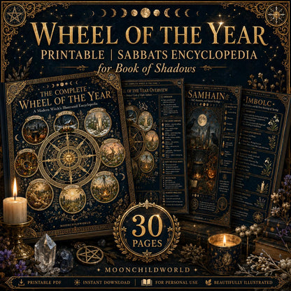 Illustrated Wheel of the Year grimoire pages with gold celestial designs, dark blue backgrounds, and seasonal sabbat symbols.
