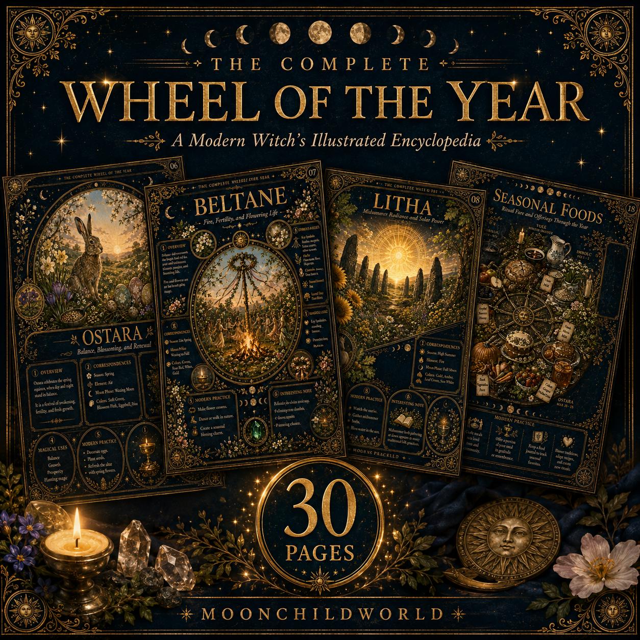 Illustrated Wheel of the Year grimoire pages with gold celestial designs, seasonal correspondences, and ritual guides on dark backgrounds.