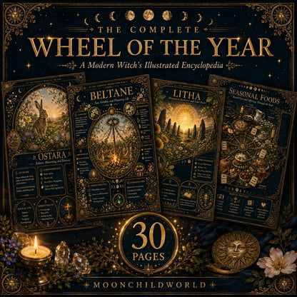 Illustrated Wheel of the Year grimoire pages with gold celestial designs, seasonal correspondences, and ritual guides on dark backgrounds.