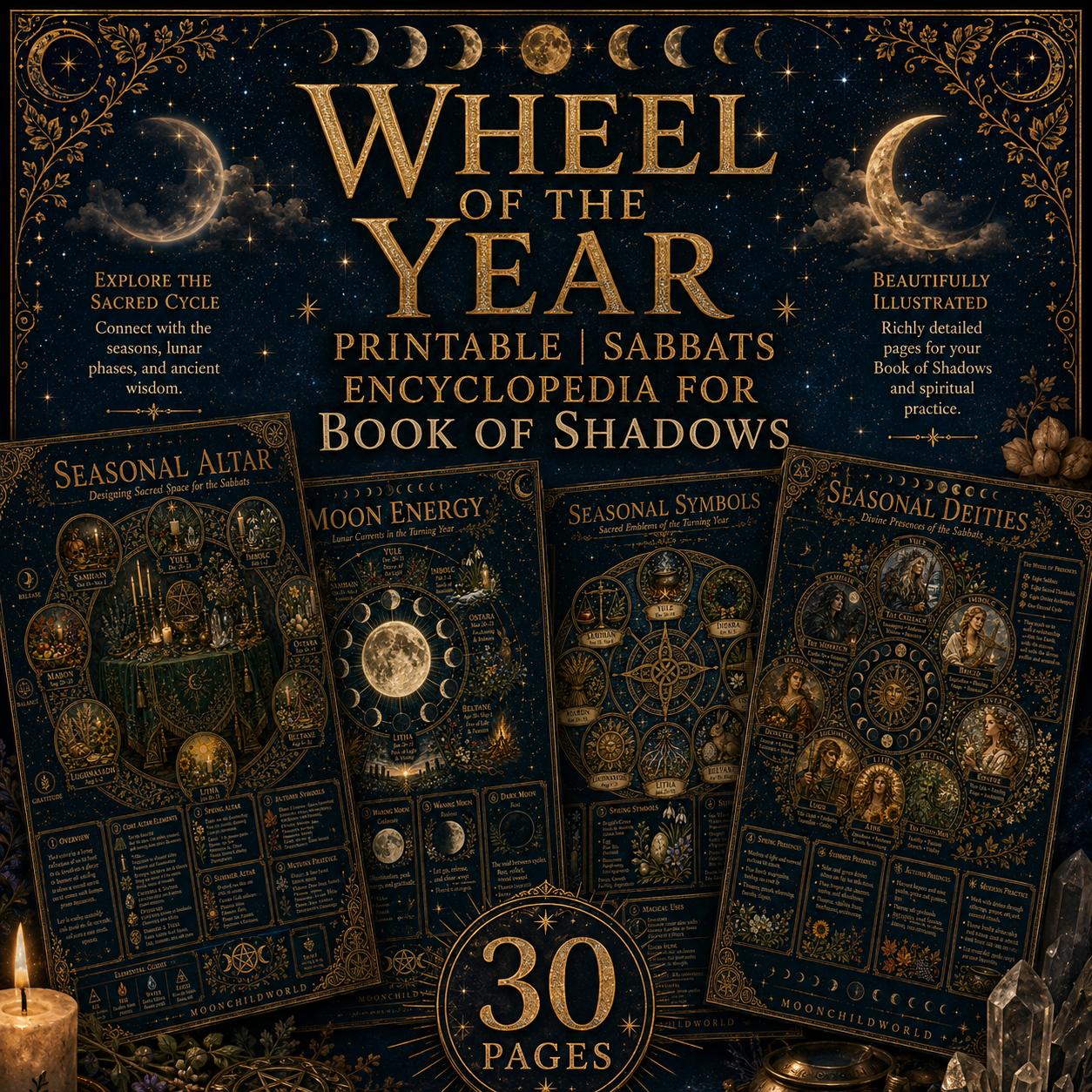 Wheel of the Year printable grimoire pages with gold celestial illustrations on a dark blue background, 30-page digital set.