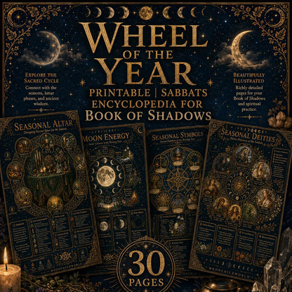 Wheel of the Year printable grimoire pages with gold celestial illustrations on a dark blue background, 30-page digital set.
