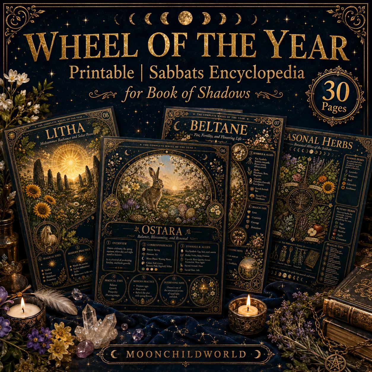 Printable Wheel of the Year grimoire pages with gold celestial designs, botanical illustrations, and ritual guides.