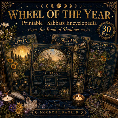 Printable Wheel of the Year grimoire pages with gold celestial designs, botanical illustrations, and ritual guides.