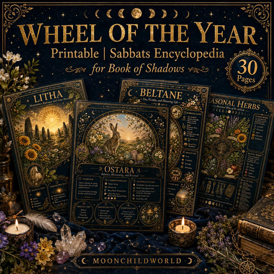 Printable Wheel of the Year grimoire pages with gold celestial designs, botanical illustrations, and ritual guides.