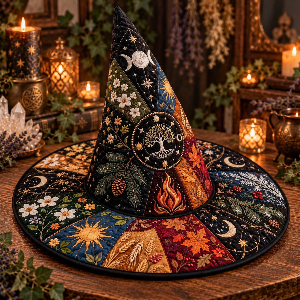 Wheel of the Year Quilted Witch Hat – Pagan Seasonal Wide Brim Hat – styled with candles and crystals