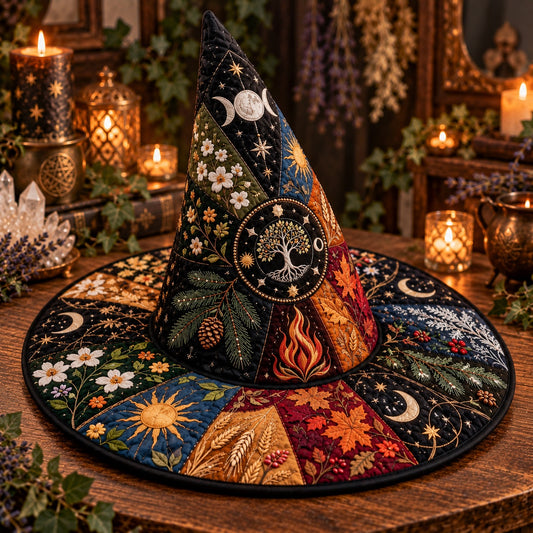Wheel of the Year Quilted Witch Hat – Pagan Seasonal Wide Brim Hat – styled with candles and crystals
