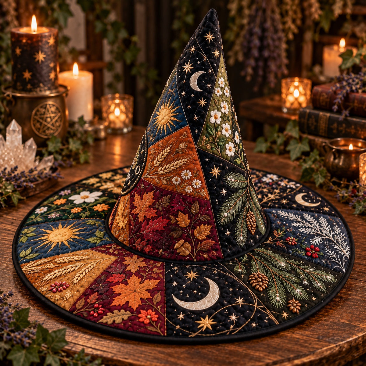 Wheel of the Year Quilted Witch Hat – Pagan Seasonal Wide Brim Hat – styled with candles and crystals