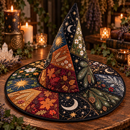 Wheel of the Year Quilted Witch Hat – Pagan Seasonal Wide Brim Hat – styled with candles and crystals