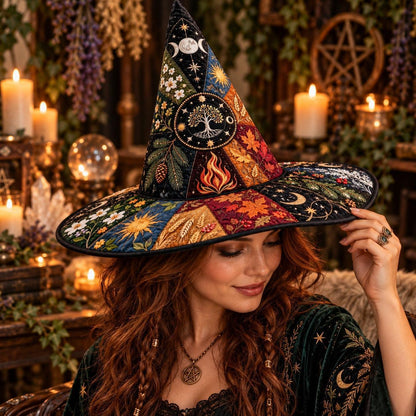 Wheel of the Year Quilted Witch Hat – Pagan Seasonal Wide Brim Hat – worn by a model