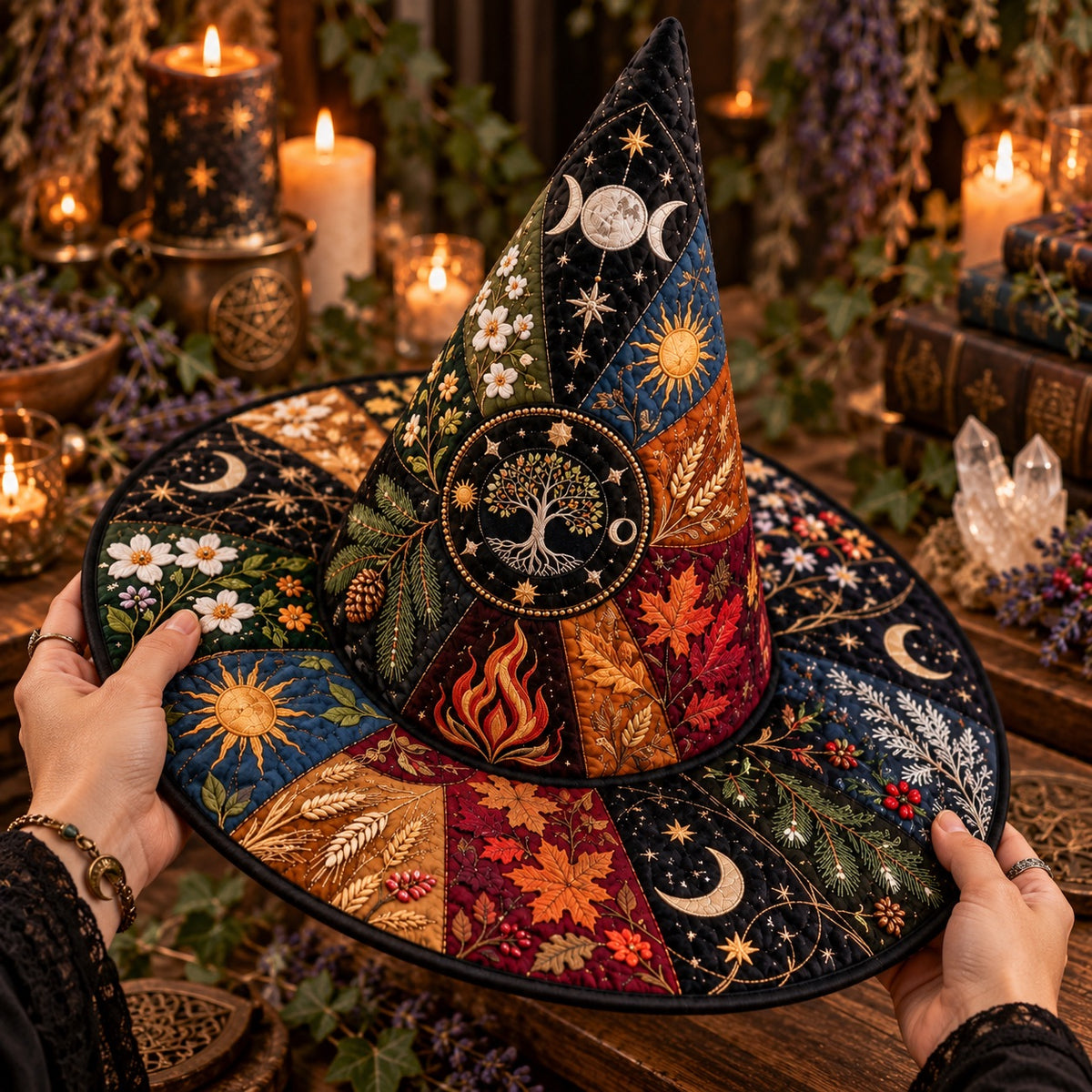 Wheel of the Year Quilted Witch Hat – Pagan Seasonal Wide Brim Hat – held in both hands
