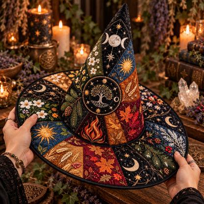 Wheel of the Year Quilted Witch Hat – Pagan Seasonal Wide Brim Hat – held in both hands
