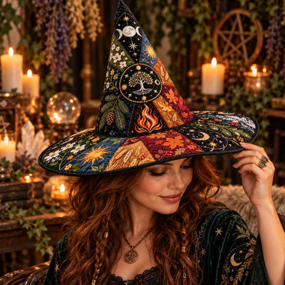 Wheel of the Year Quilted Witch Hat – Pagan Seasonal Wide Brim Hat – worn by a model