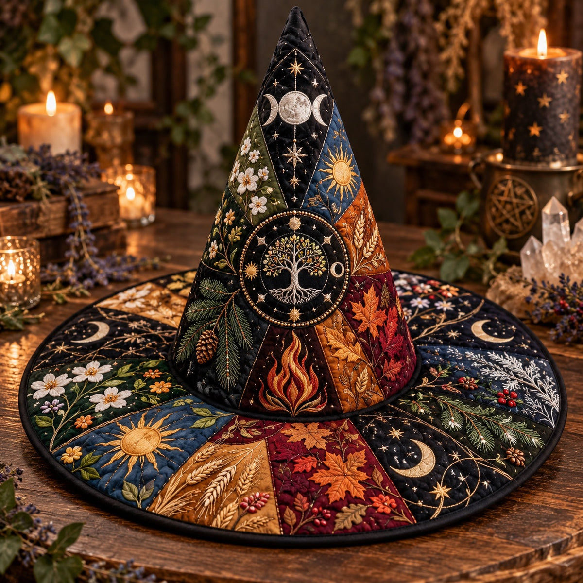 Wheel of the Year Quilted Witch Hat – Pagan Seasonal Wide Brim Hat – on an altar table