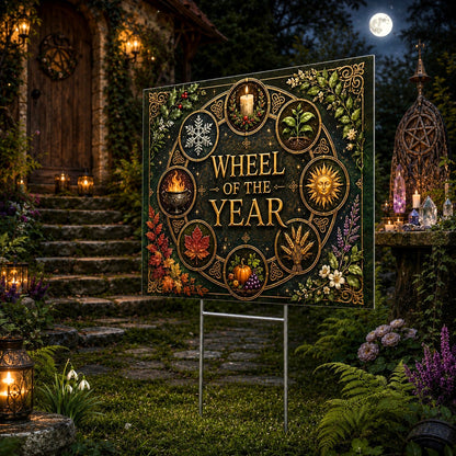 Wheel of the Year Seasonal Sun Wheel Wicca Yard Sign - close up detail